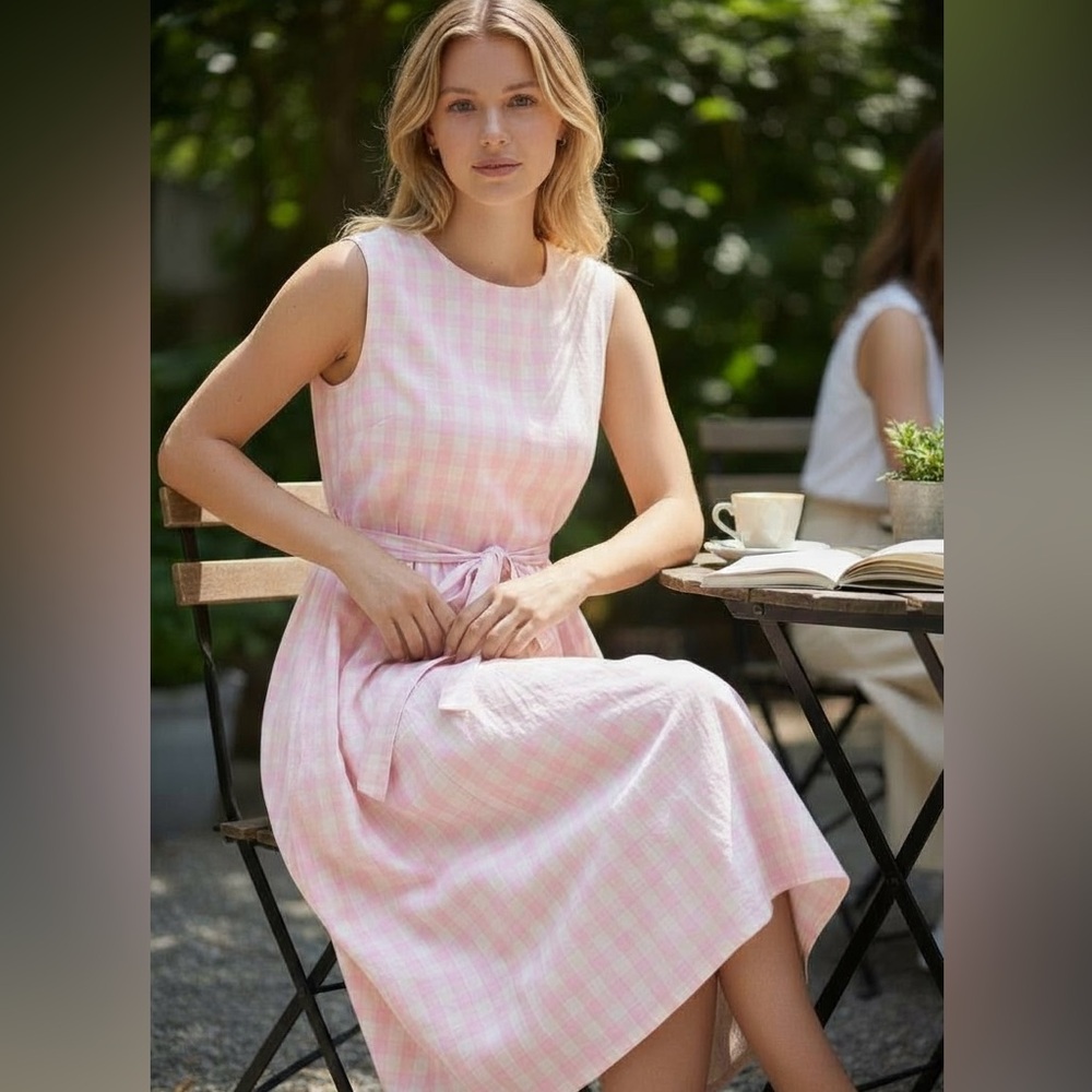 JuiceWhen Gingham Pink & Tan Plaid Cotton Sleeveless Maxi Dress Belted Tie Sz M